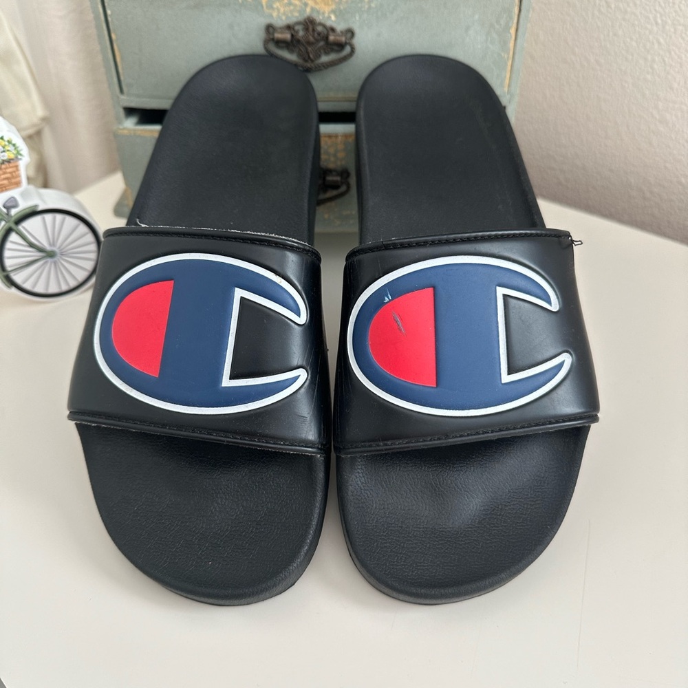 Champion Black Slides with Red and Blue Logo
